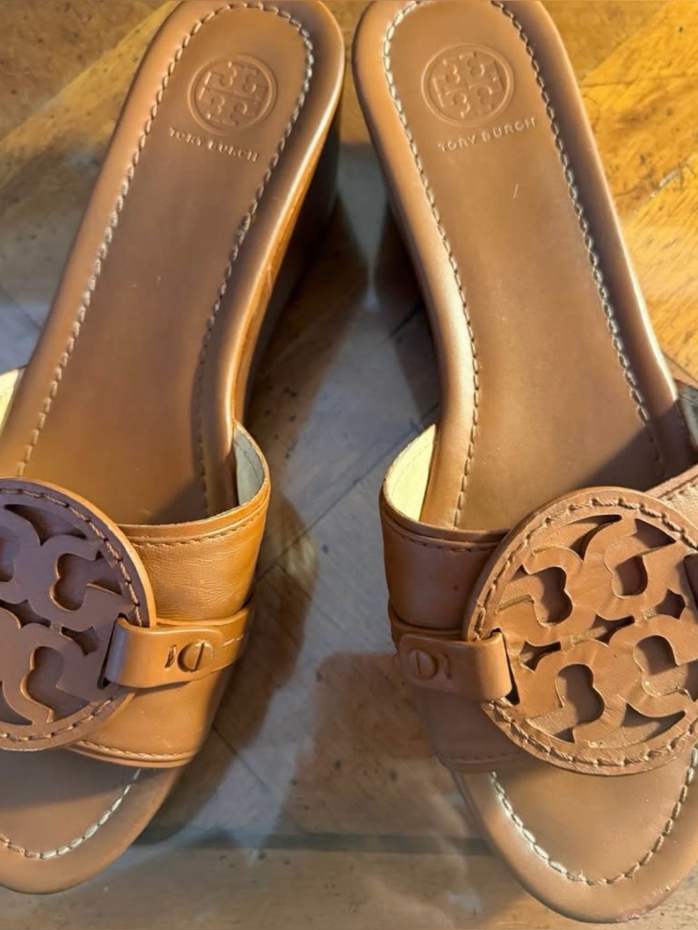 Tory Burch Cognac Leather Logo Slide Mules